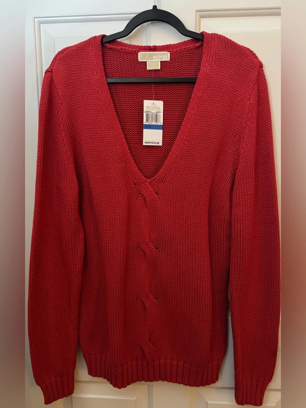 Michael Kors Sweater 100% Cotton Red V-Neck Cable Sweater Size - XL **NWT**
